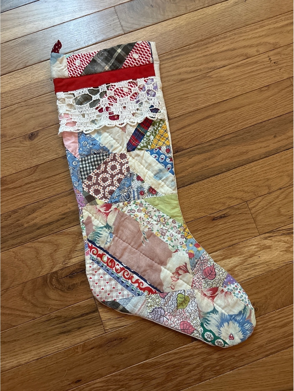 Christmas stocking repurposed quilt style 20” long